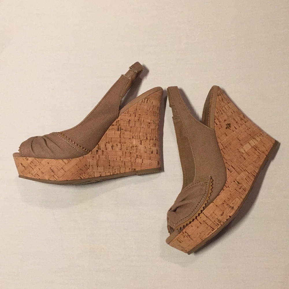 MIA tan and cork wedges